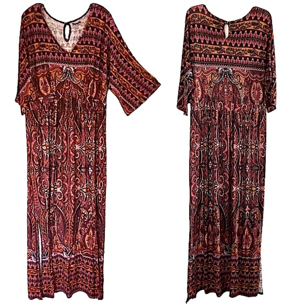 Wrangler Maxi Dress V-Neck Short Sleeve Side Slits Back Button Pull On Size XL